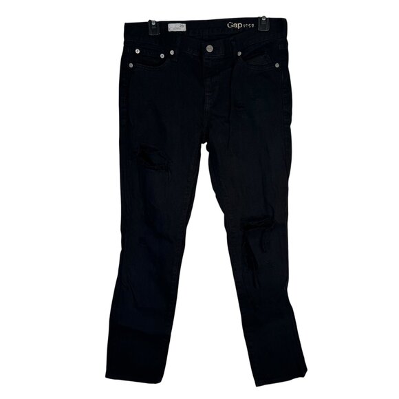 Gap Girlfriend Black Distressed Straight Leg High Waisted Jeans Pants Size 28R - Picture 1 of 9